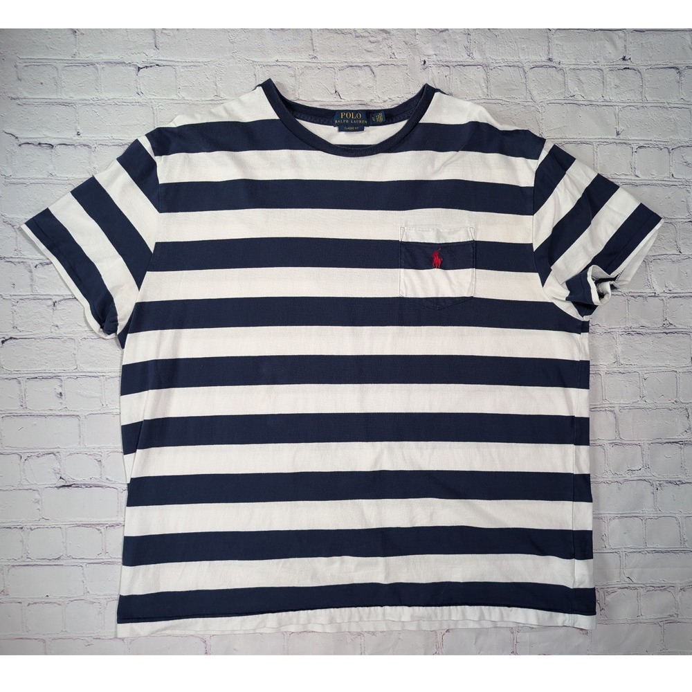 Polo Ralph Lauren Striped Pocket T-Shirt Mens XL Cotton Navy White Red Pony Tee